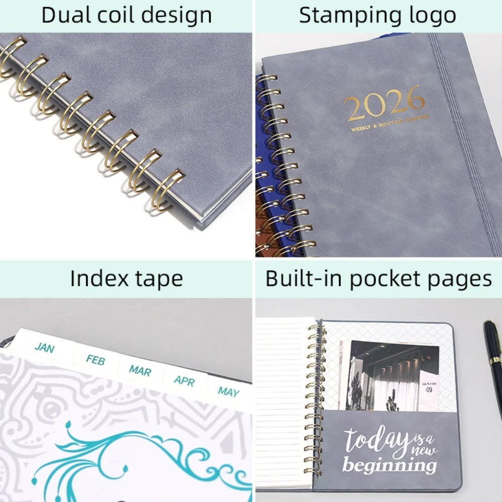 A5 2026 Weekly Monthly Planner PU Leather Cover Self-fill Coil Schedules Notebooks Calendar with Strap Daily Planner Notepad