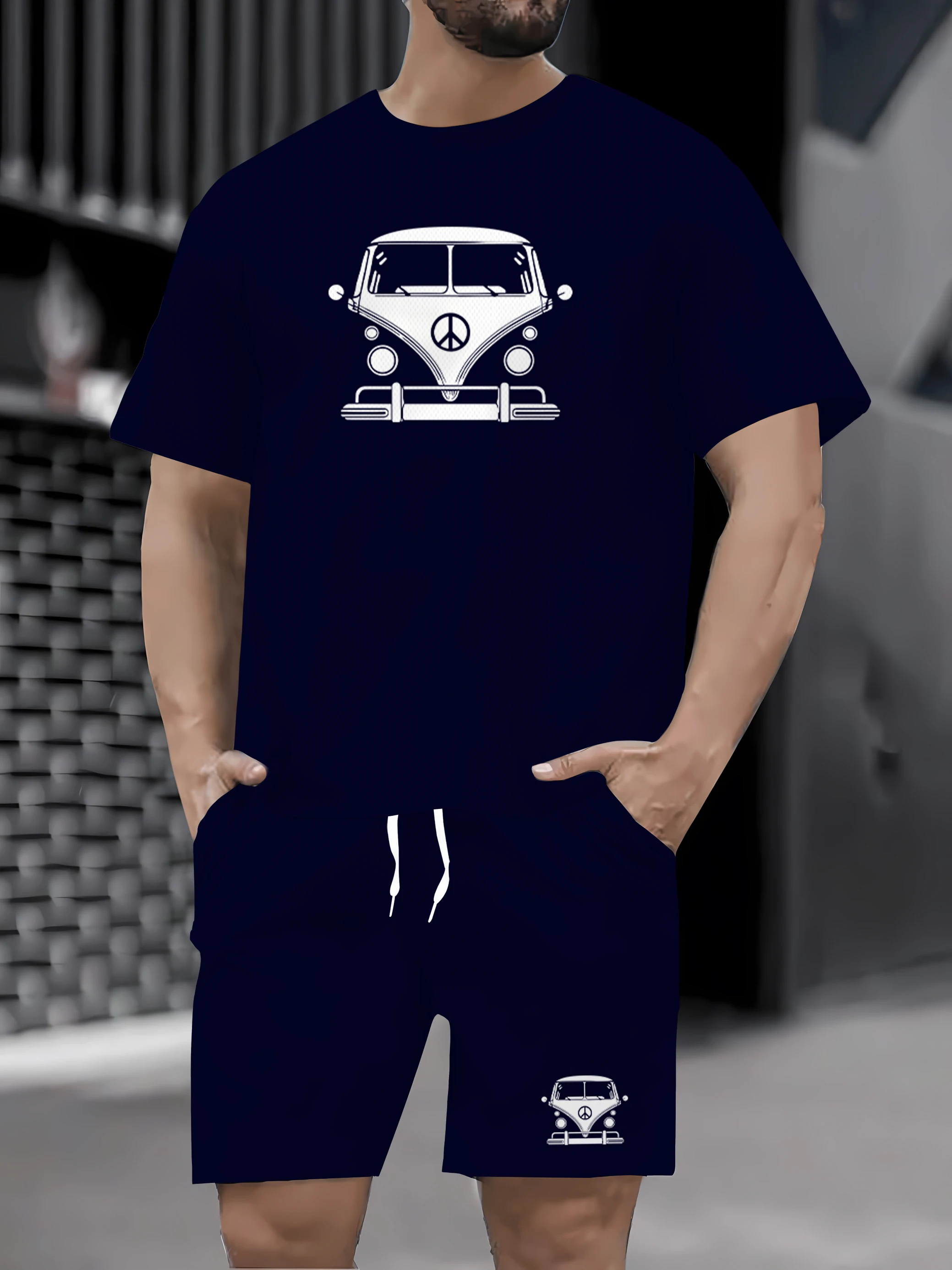 

2025 Summer Men's Casual Loose T-shirt and Shorts Set Comfortable Round Neck Summer Printed Set Short Sleeves