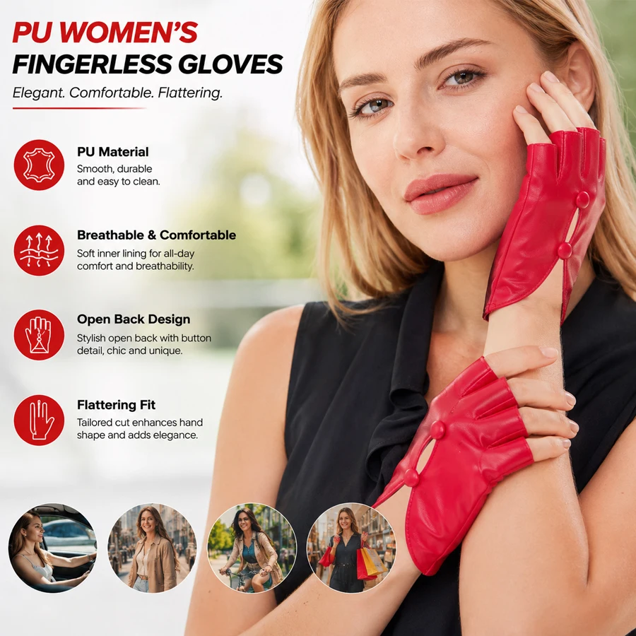 Women Elegant Half Finger PU Leather Gloves, Back Split Double Button Design Fashion Fingerless Gloves for Party Cosplay Stage P