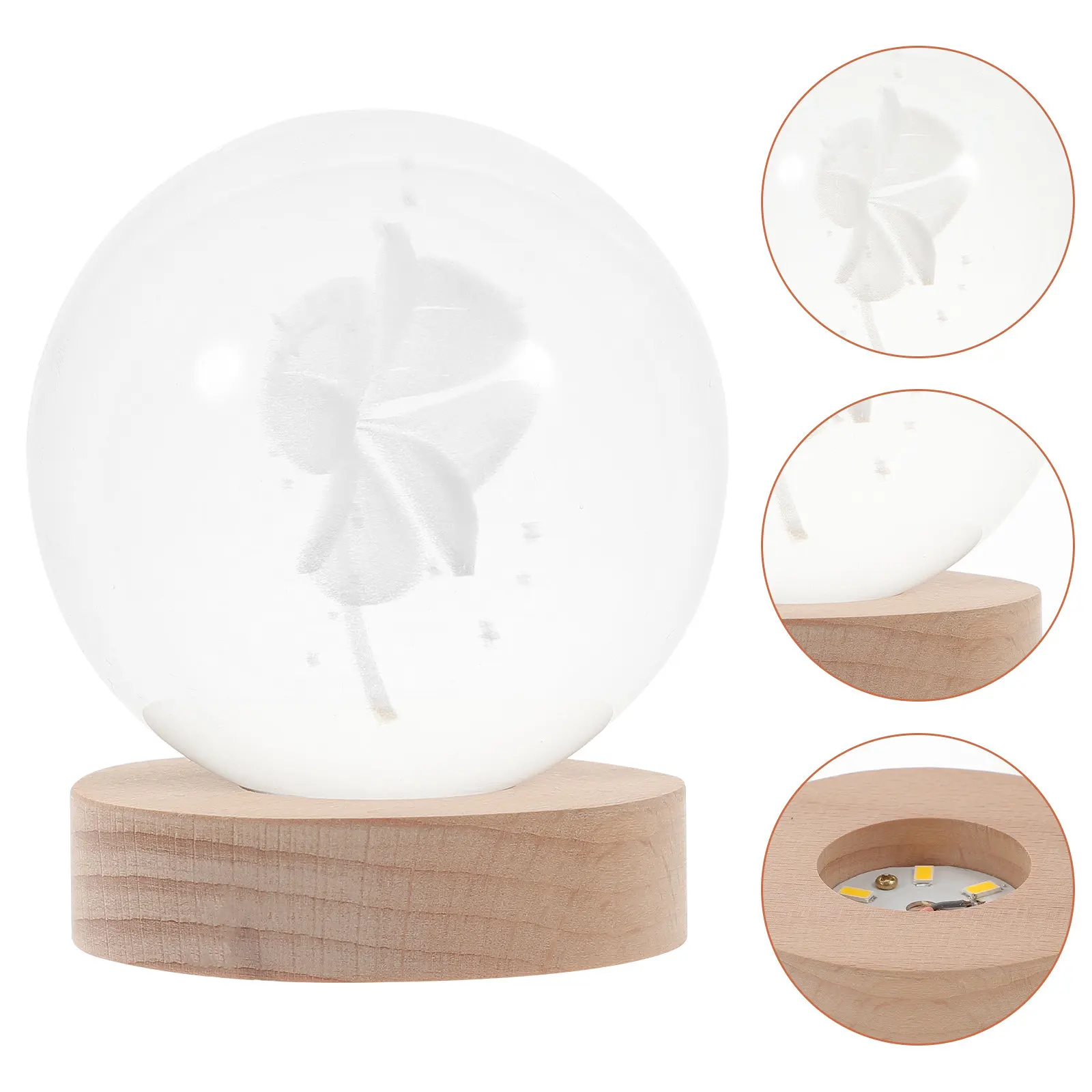 Clover Crystal Ball Night Light 3D Glass Ball Lamp with Elegant Wood Base Bedroom Desk Nightstand Light for Kids Room Decor