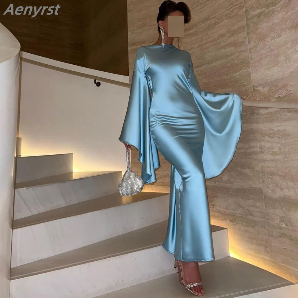 

Elegant Sky Blue Evening Dress Flare Sleeves Mermaid Prom Gown Criss-Cross Long Vestidos De Fiesta Elegantes Para Mujer2024