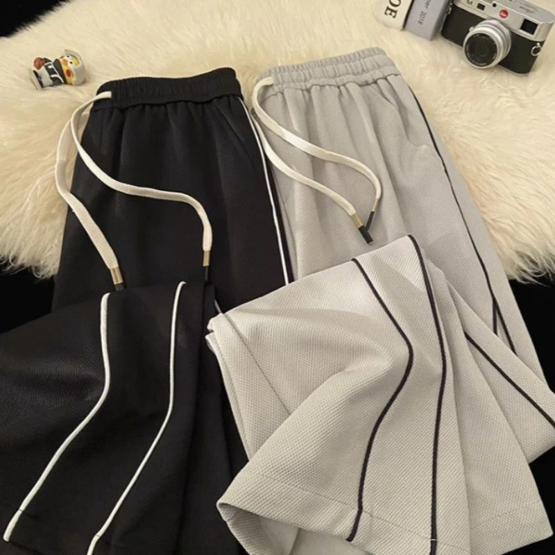 Summer Men’s Joggers with Stripes Lightweight Waffle Fabric Drawstring Waist Casual Sports Trousers Trendy Street Look 2026