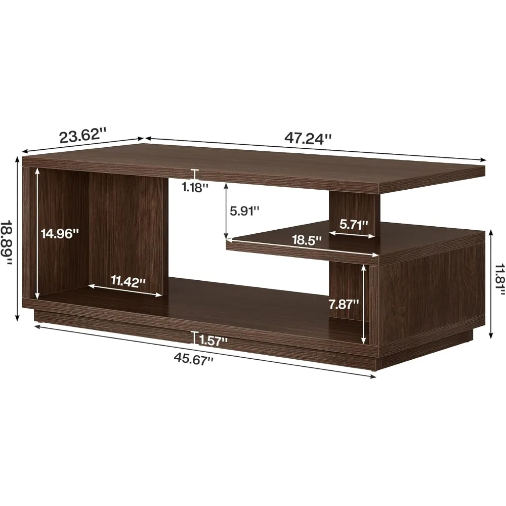 طاولة قهوة مستطيلة حديثة من منتصف القرن مقاس 47.24 بوصة مع رف تخزين من 3 طبقات وبناء خشبي سميك