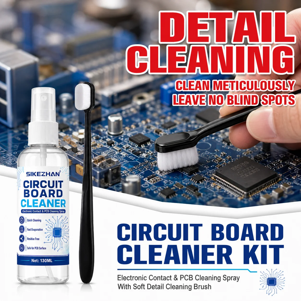 130ml PCB Cleaner and Brush Set, Quick-Drying Electronic Contact Cleaning Spray for Circuit Boards, Chips and Connectors