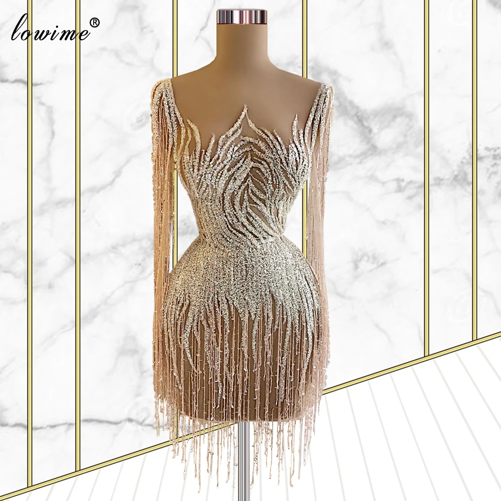 

Fully Heavy Handmade Prom Dresses With Tassels Beads Long Sleeves Celebrity Dresses Mermaid Cocktail Dresses Vestidos De Fiesta