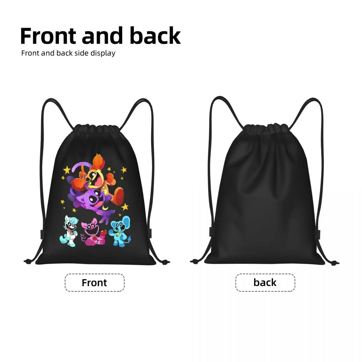 Custom Colorful Smiling Big Mouth Critters Group Drawstring Backpack Bags Lightweight Scarry Animated Game Gym Sports Sackpack