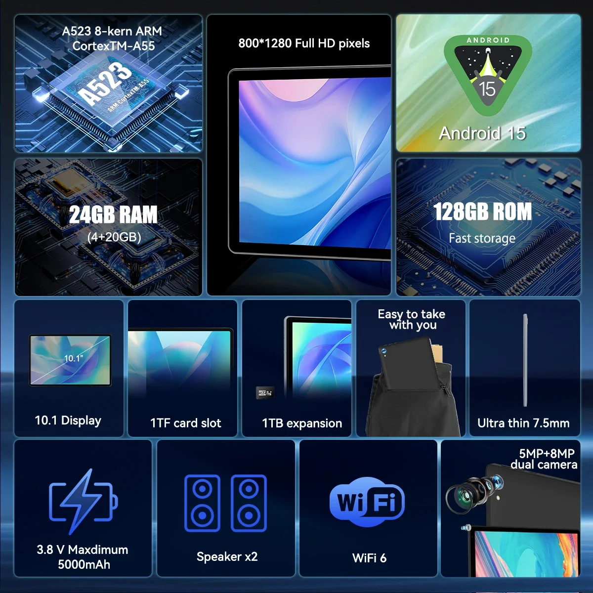 URAO 10인치 안드로이드 15 태블릿 8코어 태블릿 24GB+128GB 1TB 확장 WiFi6 5MP+8MP 스타일러스 키보드 마우스 헤드폰 PC 패드 세트