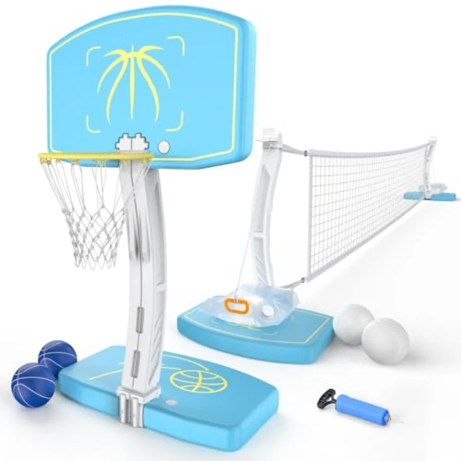 

Pool basketball hoop and volleyball net set for summer parties: stainless steel, adjustable height, white, rust-proof and dual-