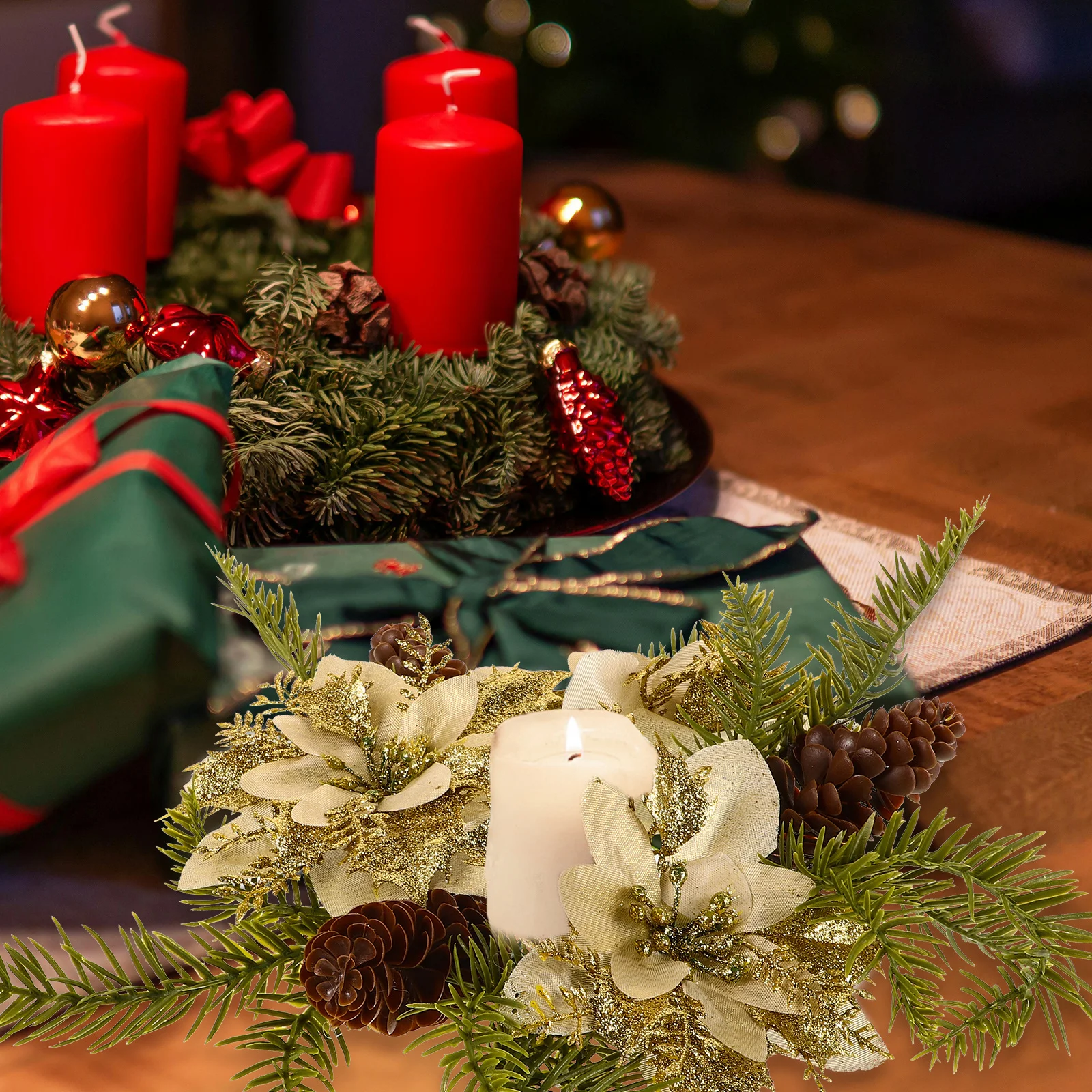 

Mini Christmas Ring Wreath for Pillar Candles Table Centerpiece Holiday Party Decor Festive Home Decoration Christmas