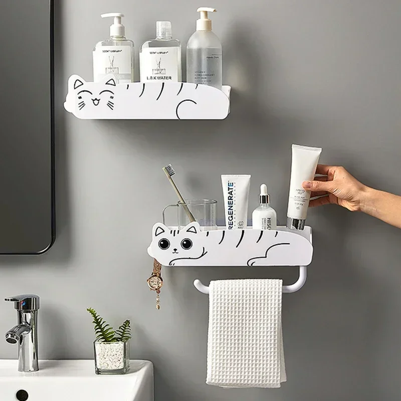 Rack Kawaii Organizer Storage Hooks Bathroom Punch-free With Cat Accessory Shampoo Shower Shelf