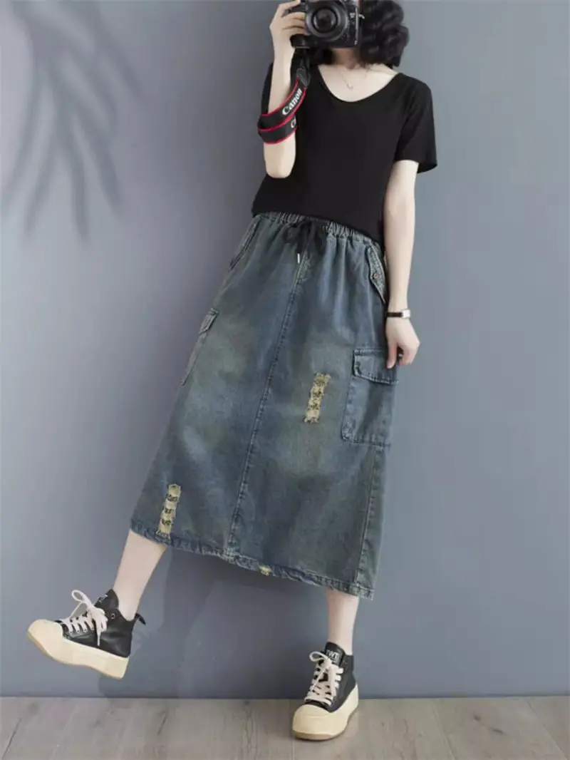 Literary Retro Distressed Denim Skirt Fashionable Versatile Women 2024 Spring Autumn Casual A-Line Midi Skirt Jeans Saias z4828