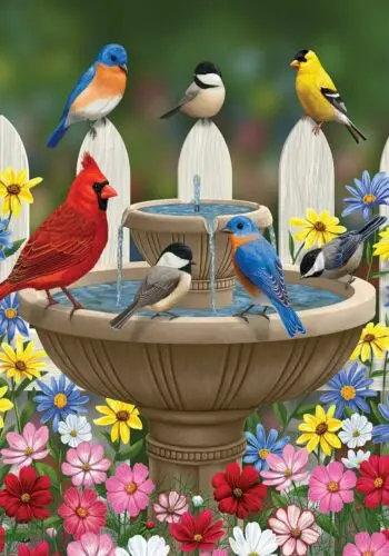 Birdbath Gathering Spring House Flag Floral Birds 28