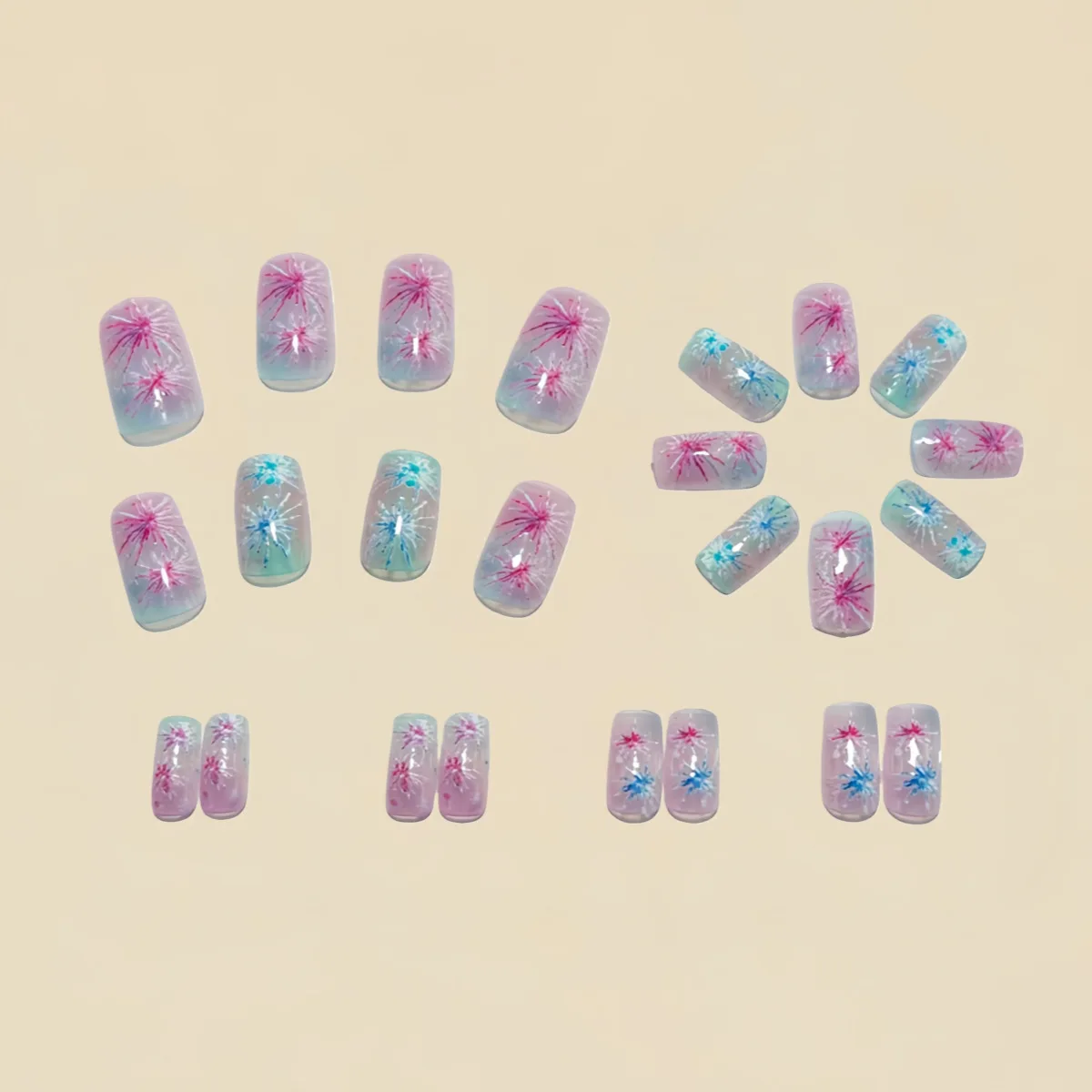 Medium Square fake nails for women girls gradient pink purple blue firework design for New year french tips press on false nail