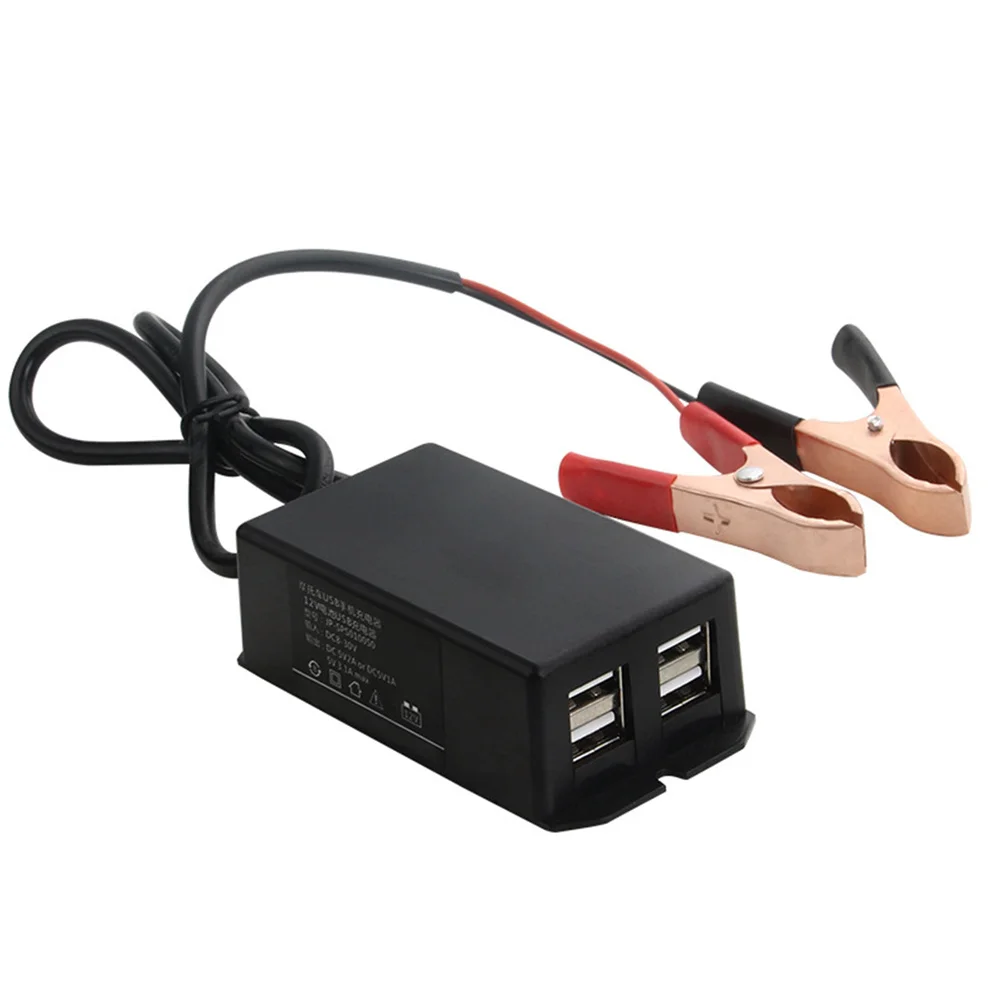 

12V Vehicle USB Charger DC Power Adapter with Battery Clip for Cellphone 4 Ports Automatically Identify Shunt Charging