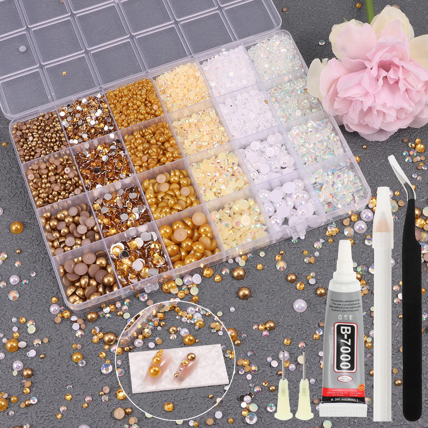 24 Grid/Box 3-8mm Mixed Color Semi-Circular Pearls&Resin Drill Combination Kit for DIY Nail Art,Beauty Makeup,Clothing,Jewelry