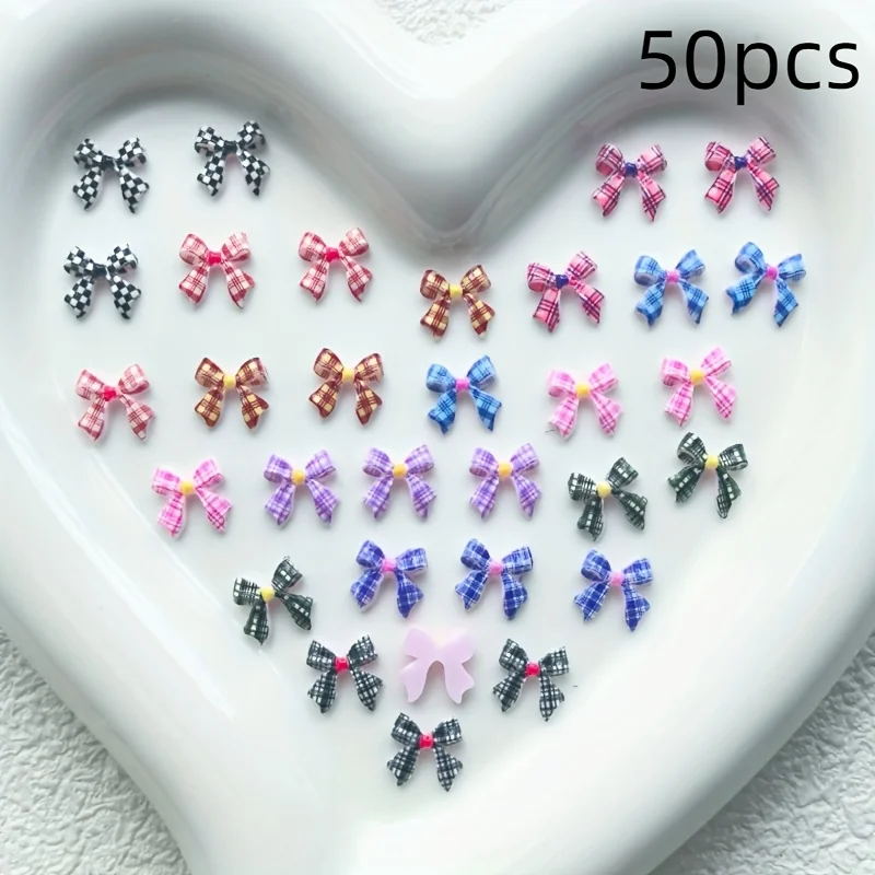 50pcs of Mini Grid Series Ribbon Bows for Decoration - Perfect for Nail Art, Phone Case Resin Embellishments, And Ideal for Jewe