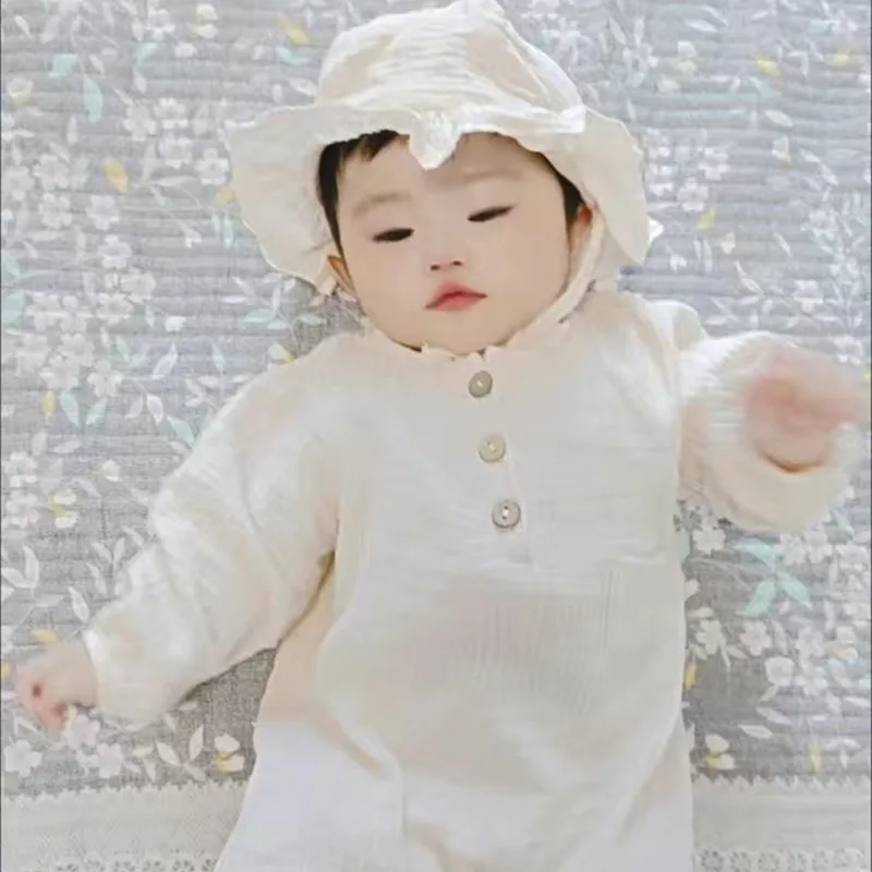 Baby Boys Girls Clothes Newborn Romper + Hats Muslin Cotton Long Sleeved Jumpsuit 0-2 Years