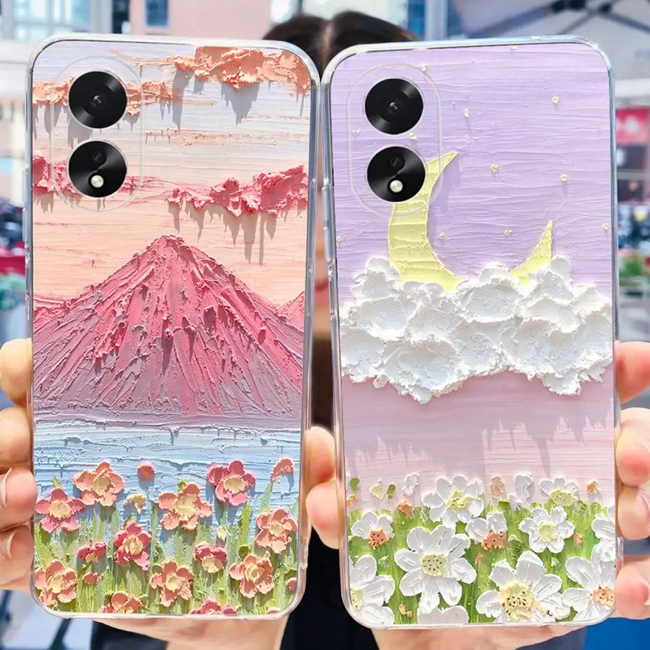 Custodia per OPPO A38 A18 2023 Cute Flower Cat verniciato morbido Silicone TPU paraurti del telefono per Oppo A18 A38 4G CPH2591 CPH2579 Cover