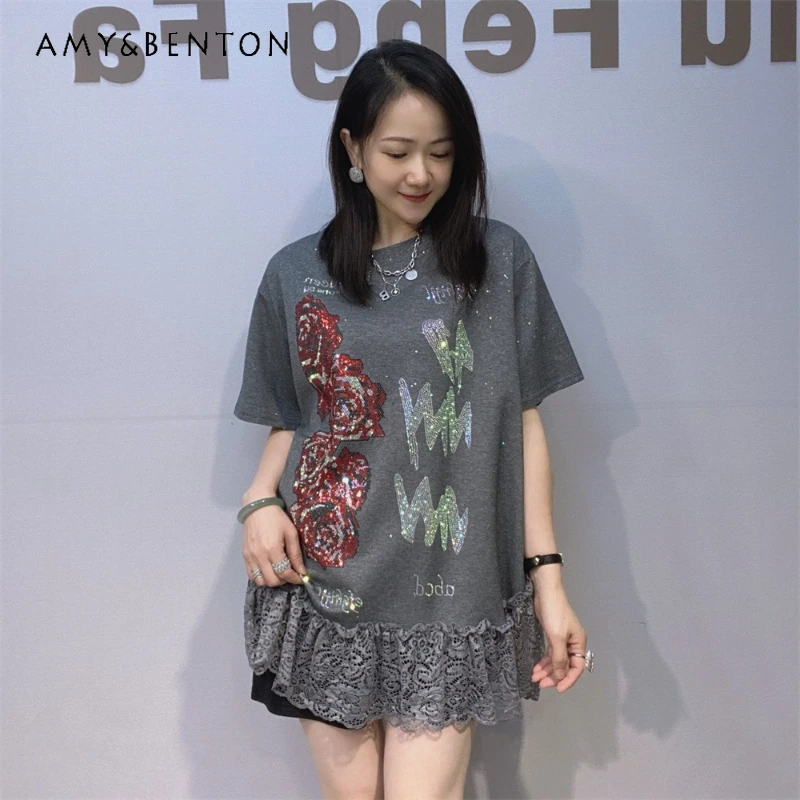 

Women's Round Neck Loose Oversized Short Sleeves Top T-shirts New Summer Lace Trim Hotfix Rhinestone T-shirt Evening Wear Tshirt