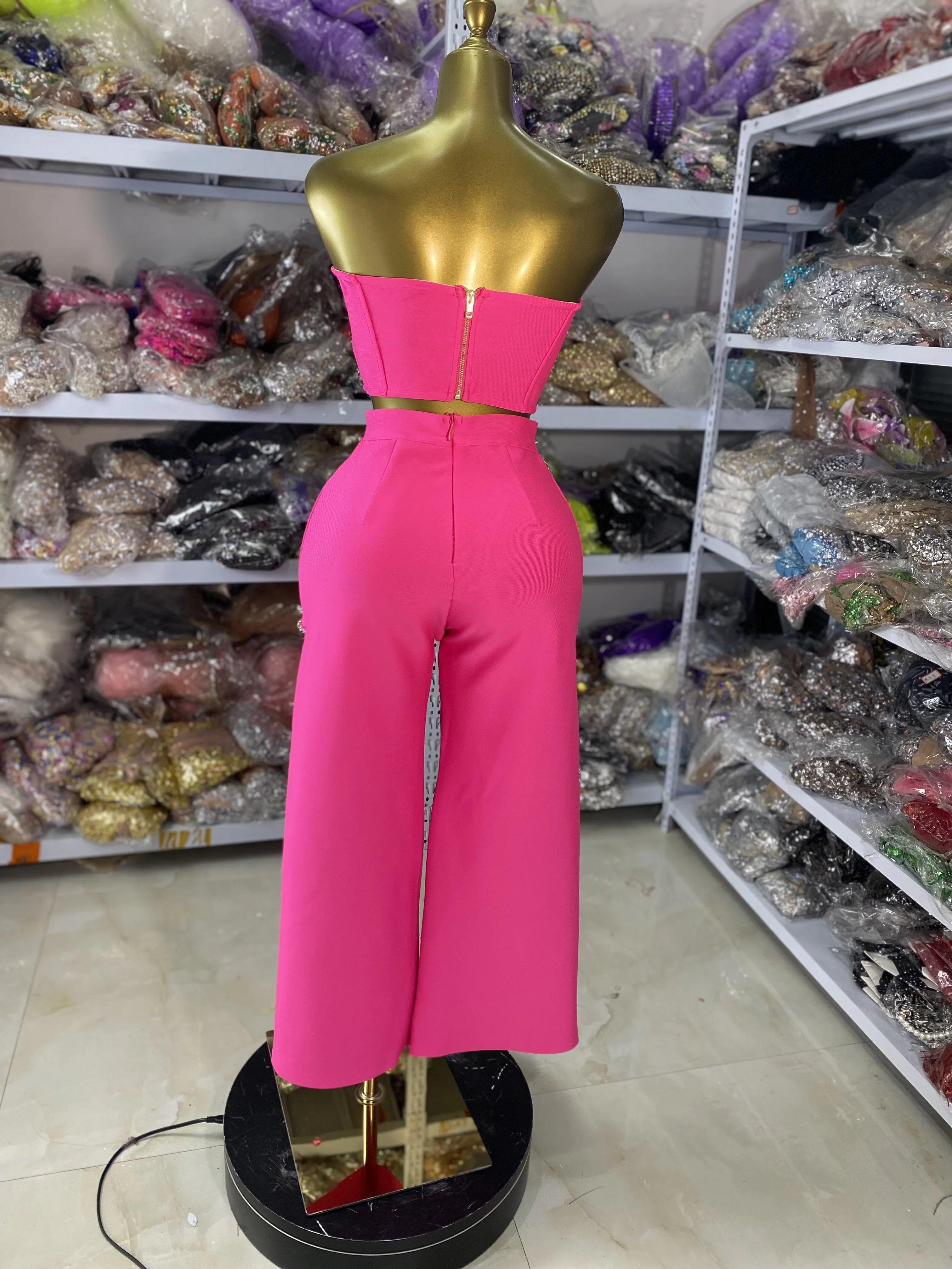 Fábrica atacado feminino hotpink bandage outfits tubo de cristal superior e calças casuais de malha duas peças define festa do clube à noite