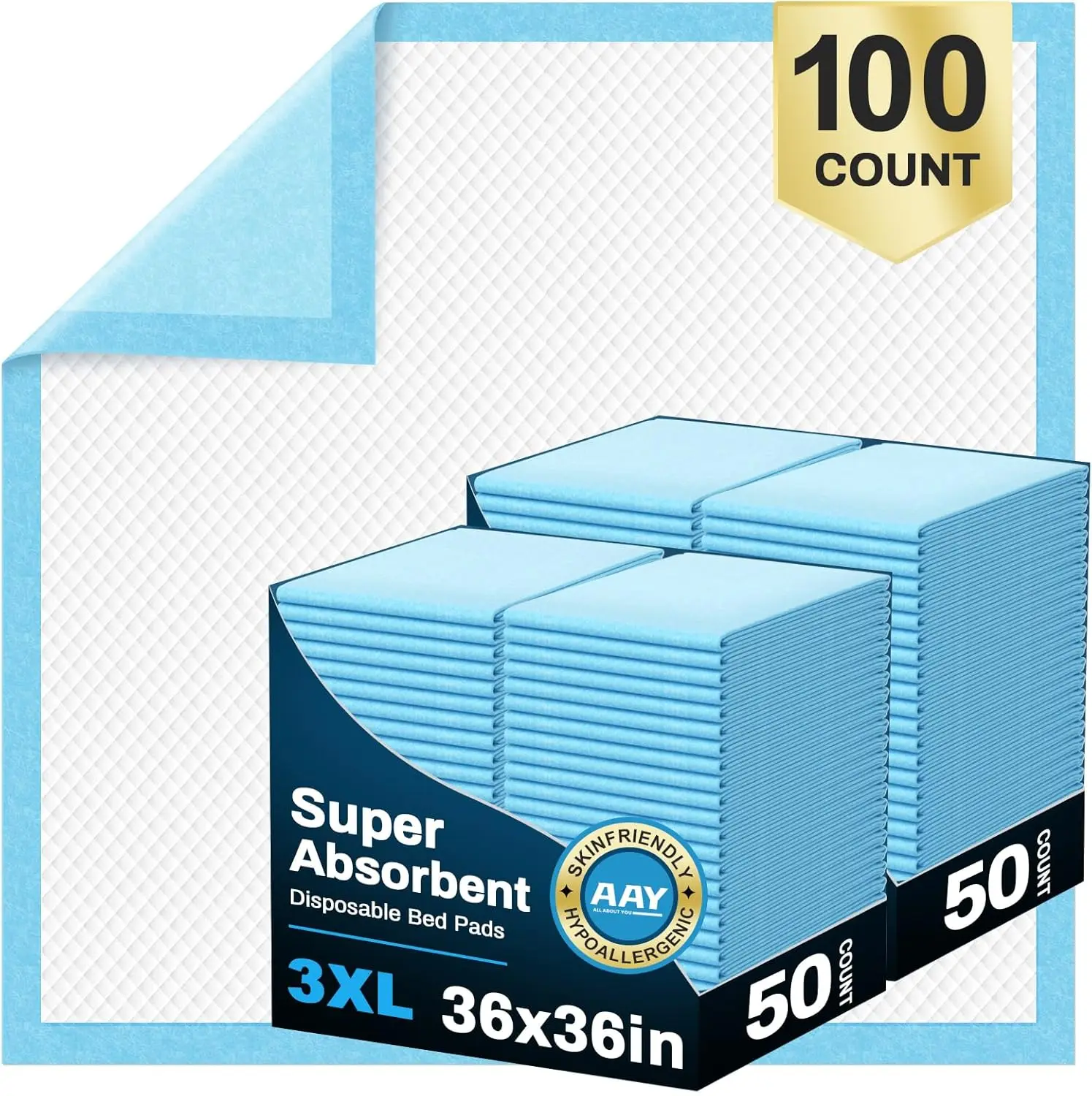 

Одноразовые впитывающие пеленки для кровати 36" x 36" (100 штук), особо большие, сверхпрочные, для инконтиненции, супервпитывающие, 3XL, пеленки для мочи.