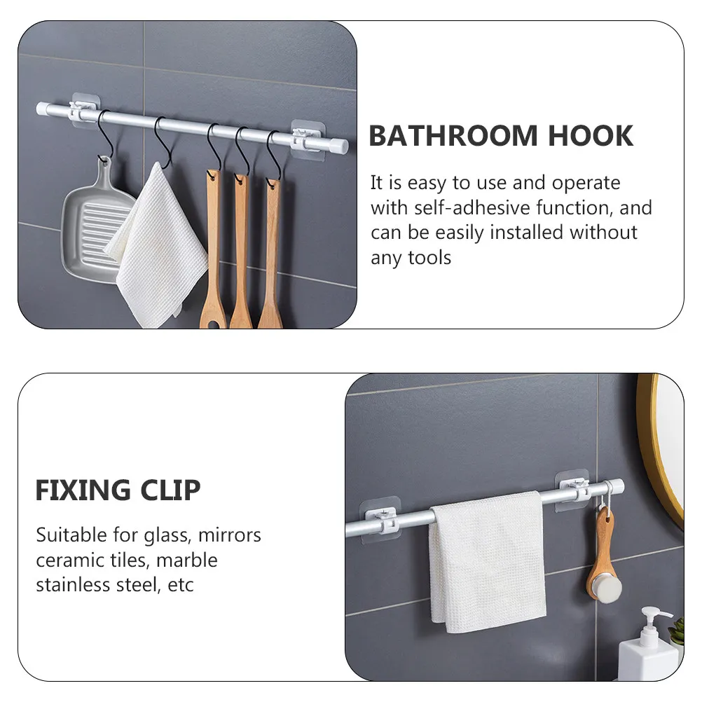 4Pcs Clear Curtain Rod Fixing Clips Self Adhesive Punch-Free Holders Suitable for Glass Ceramic Tiles Bathroom