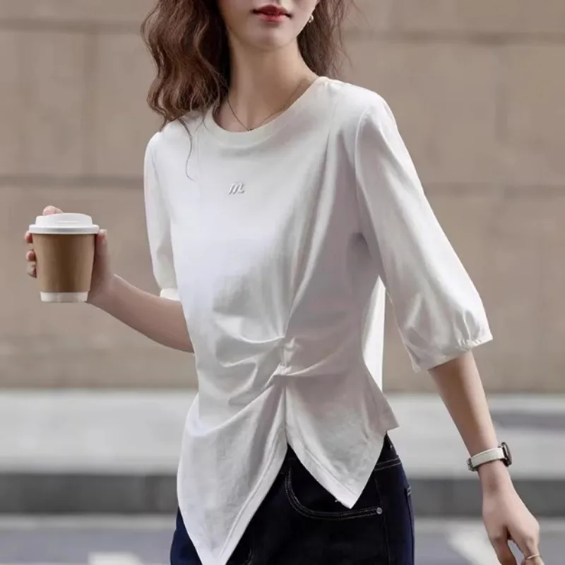 Women Round Neck Twist Waist T Shirt Embroidery Irregular Hem Three Quarter Sleeve Slim Casual Tops