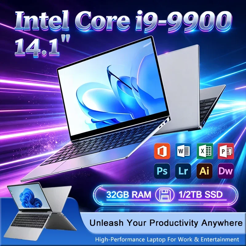 New 14.1' Laptop Intel Core i9-9900 16GB 32GB 2TB Gaming PC Ultra Slim Office Study Computer PC Windows 11 Pro 1920*1080 HD