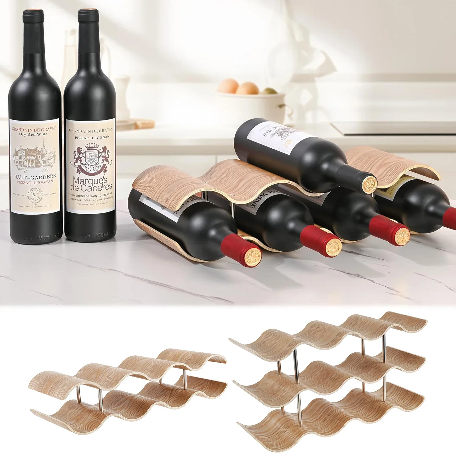 

2/3-Tier Wooden Wine Rack Wavy Wine Bottle Organizer Holders for Cabinet Pantry Home Kitchen Bar Countertop Storage Display Rack