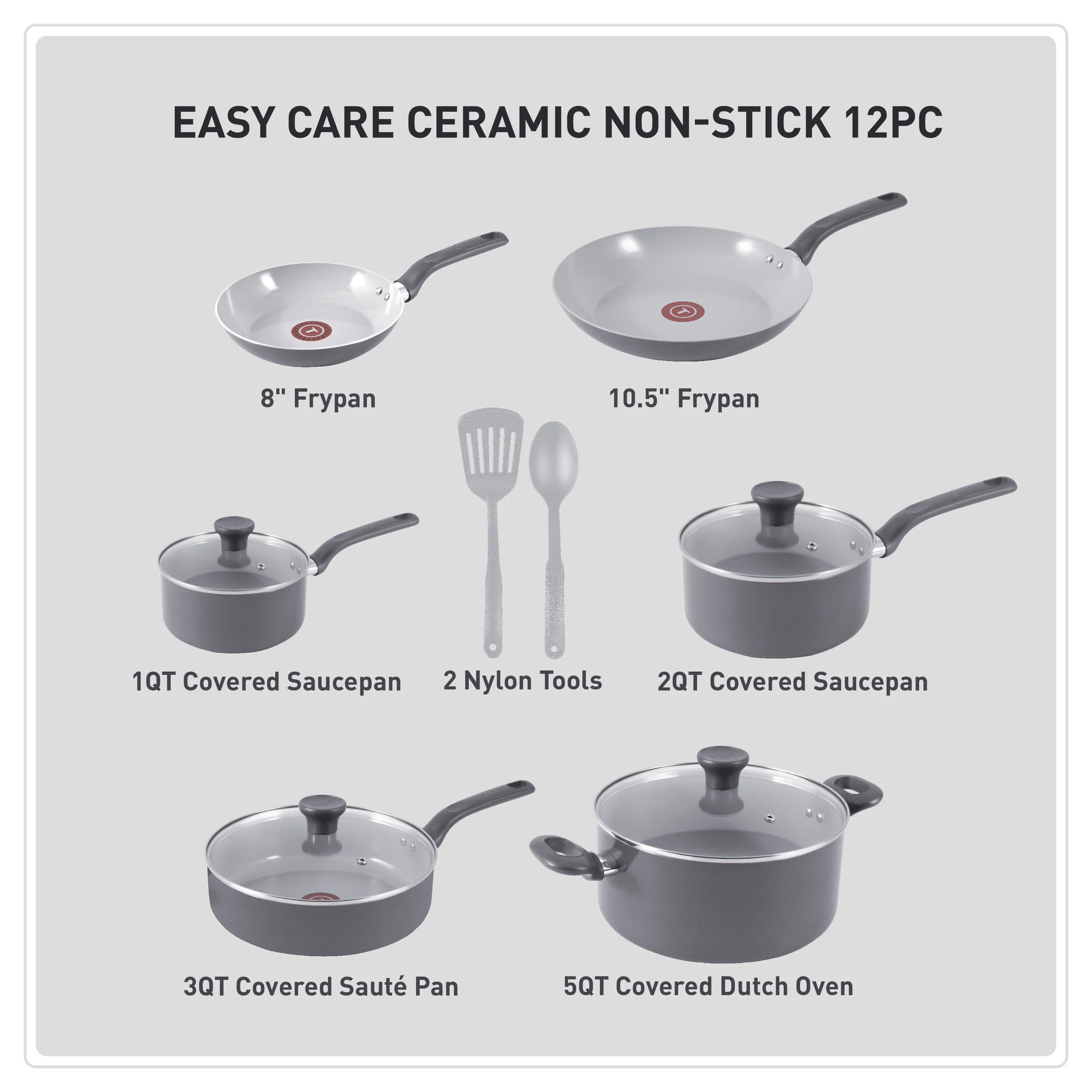 Easy Care Ceramic Non Stick 12 Piece Pots and Pans Cookware Set Grey Stylish and Practical Design Vented Glass Lids