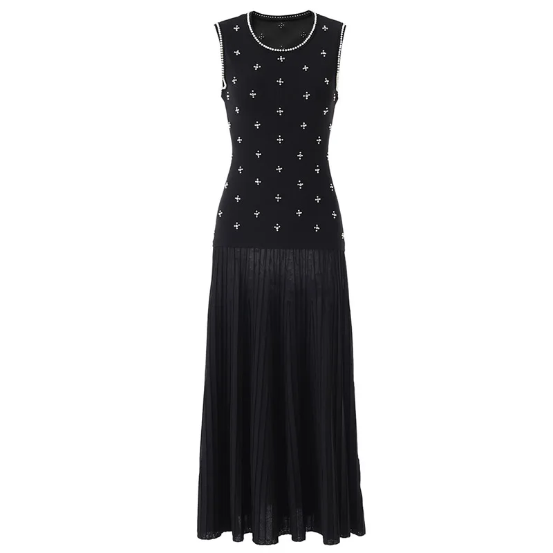 Damen-Kleid aus gestrickter Baumwolle mit O-Ausschnitt, ärmellos, mit Perlen verziert, langes A-Linien-Kleid