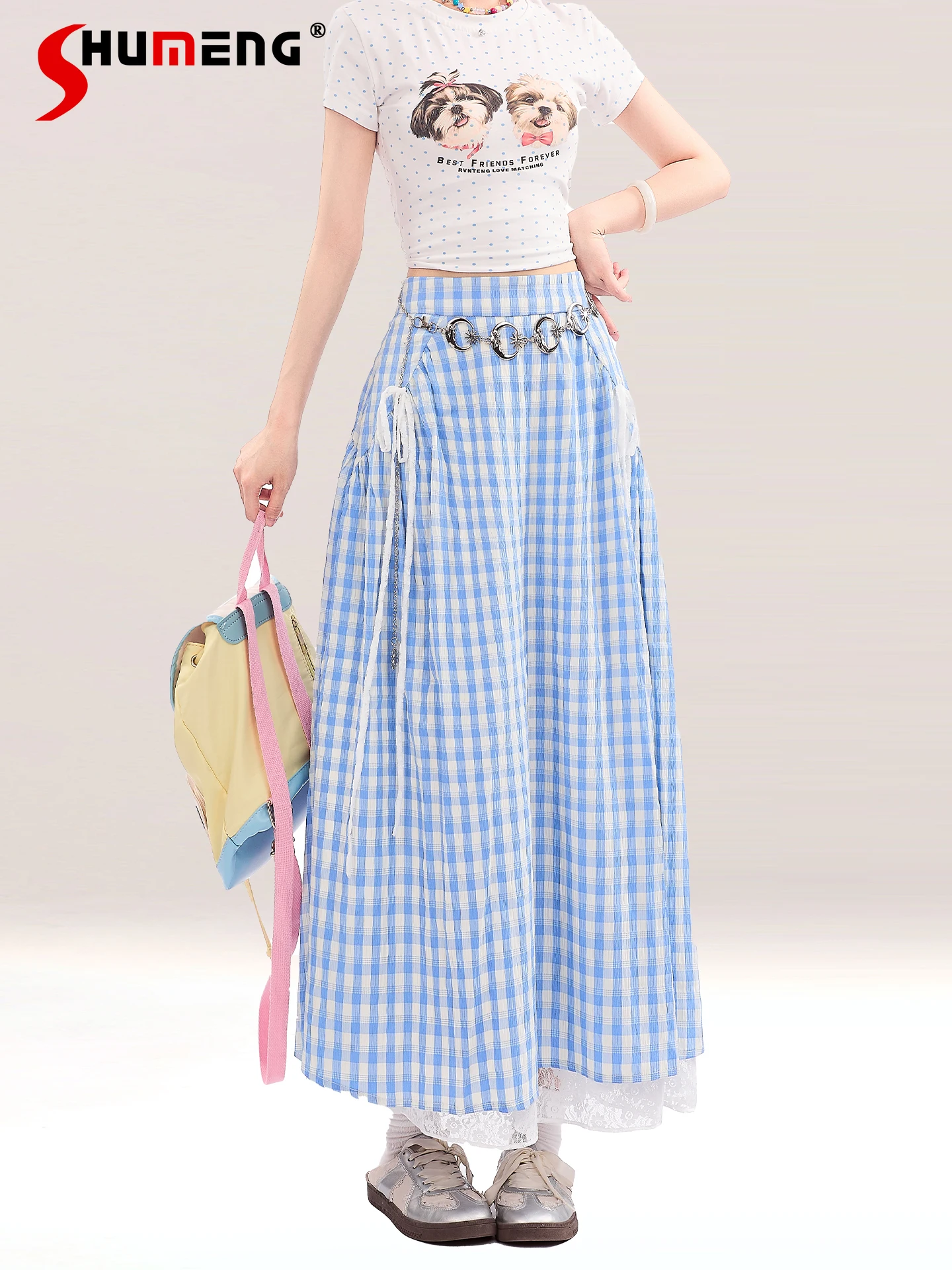 

Japanese Sweet Girl Lace Splicing Plaid Skirts Elastic High Waist A-line Lace-up Bow A-line Versatile Casual Long Skirt Women