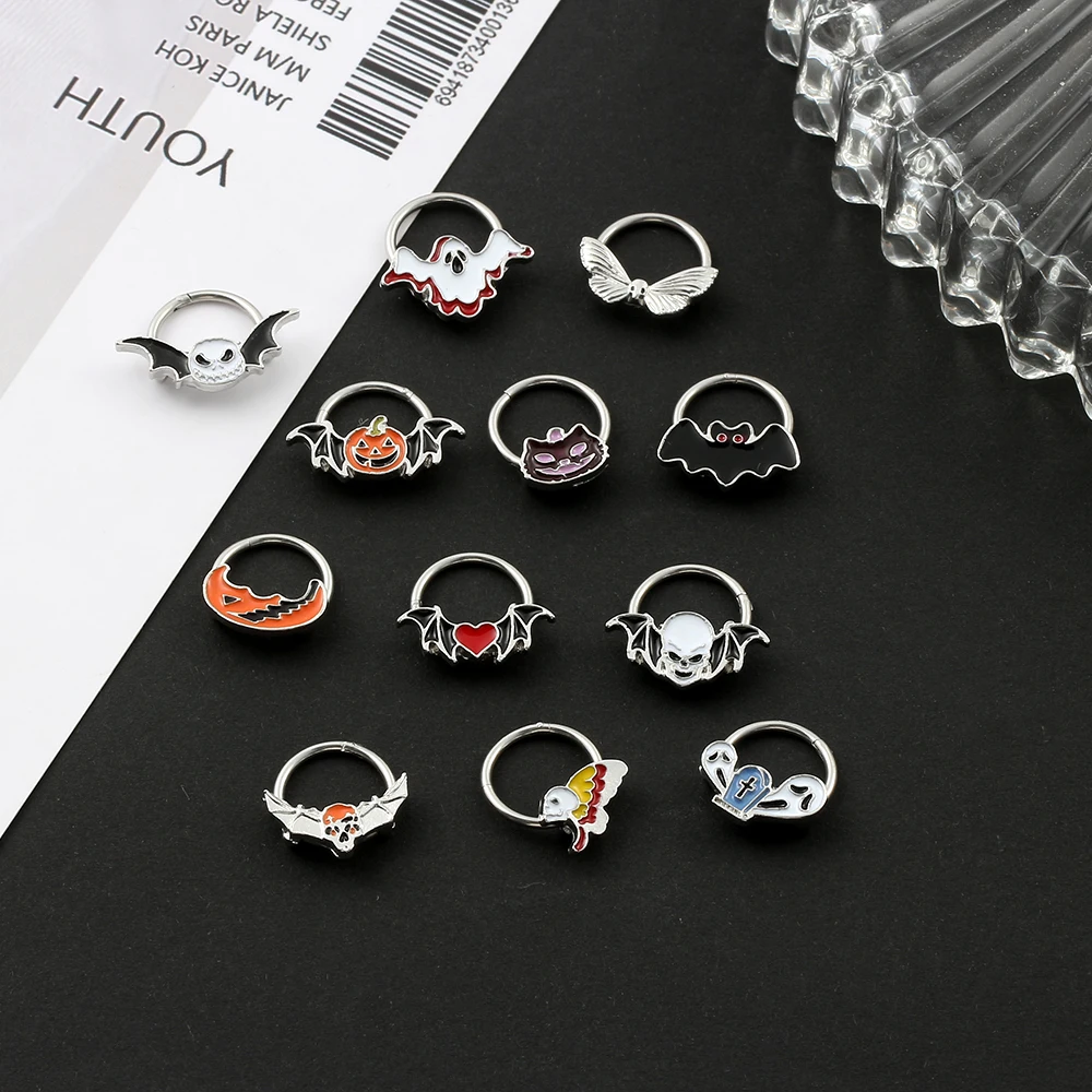 Creative Bat Pumpkin Head Ghost Seamless Nose Ring Hip Hop Punk Body Piercing Jewelry for Halloween Accessory