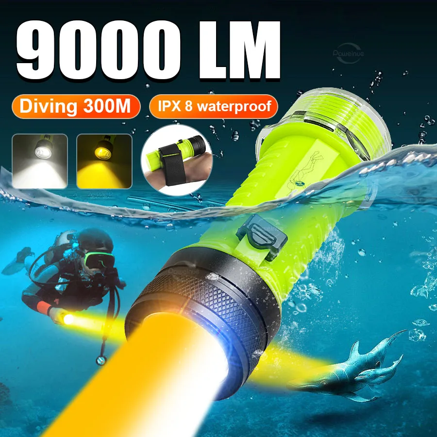9000LM Professional Hunting Scuba Diving Flashlight Torch XHP120 LED Dive LED Light Type-c Rechargeable Underwater Lantern