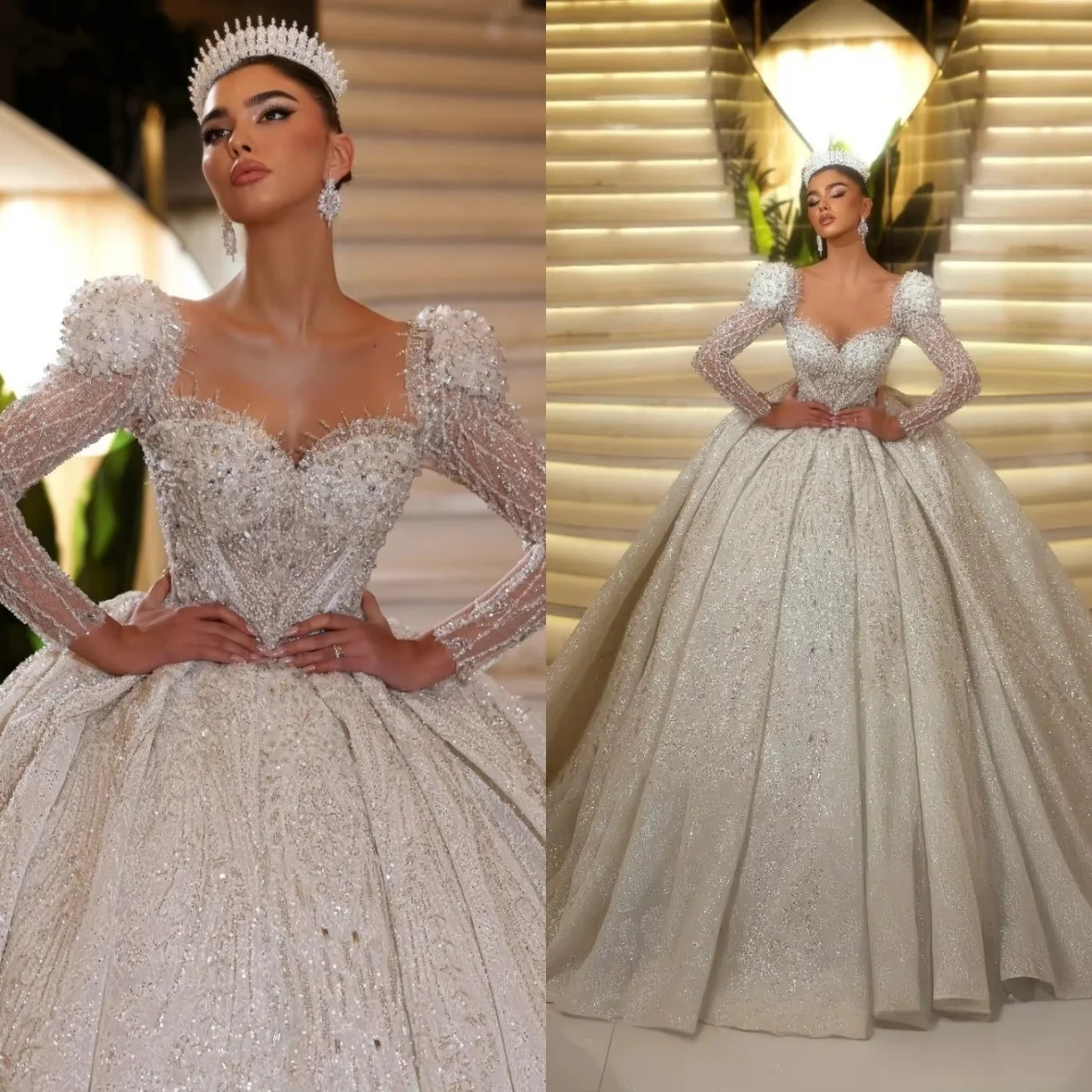Gorgeous Beading Wedding Dresses Pearls Sequins Bridal Ball Gowns Long Sleeve Shiny Sweep Train Customized Vestidos De Novia