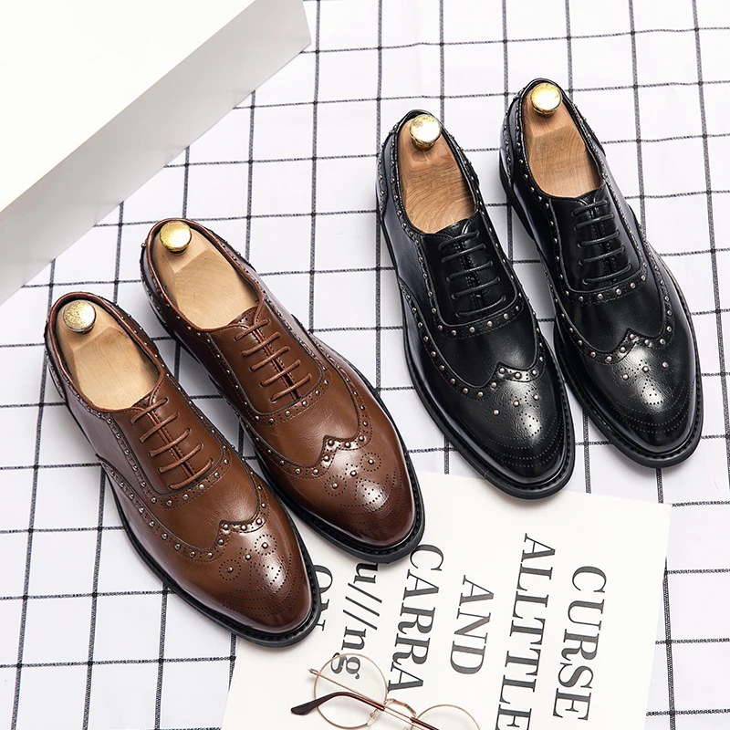 italian brand designer mens luxury fashion banquet prom dress genuine leather shoes black oxfords rivets shoe breathable sneaker