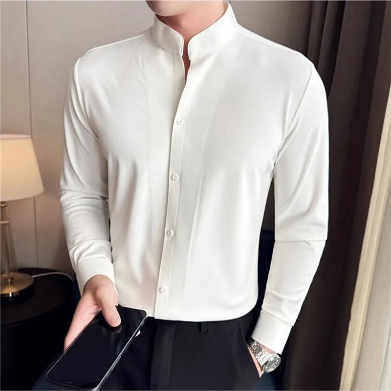 جديد النمط الصيني الوقوف طوق كم طويل قميص عالية مطاطا الهراء سلس رجال الأعمال سليم صالح عادية حفلة موسيقية قمصان البدلات الرسمية #2