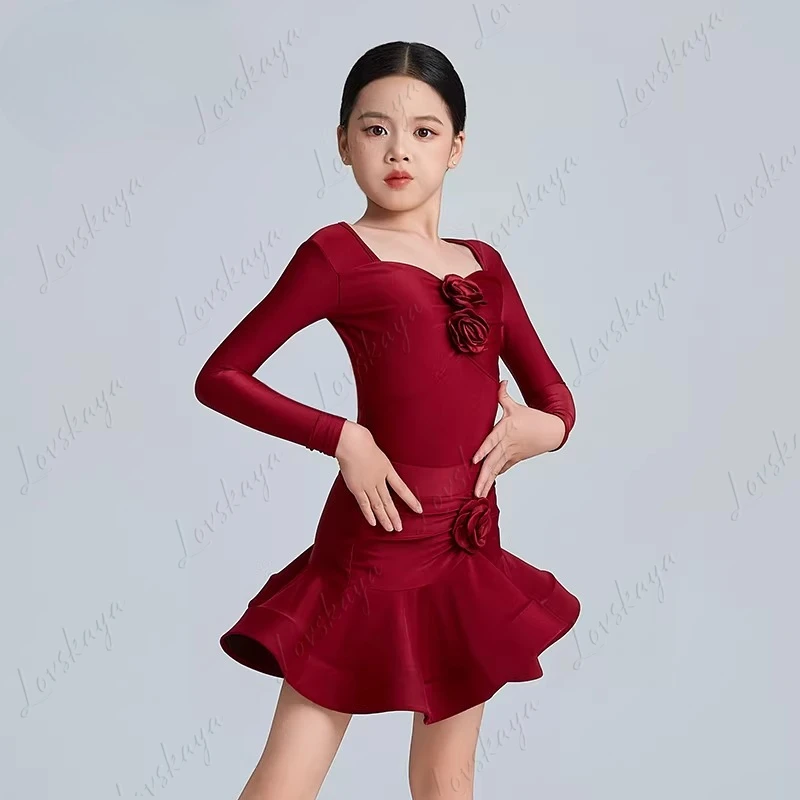 

Костюм для латинских танцев для девочек, детский тренировочный наряд, винно-красный, стиль выступлений, полная юбка, комплект с длинными рукавами