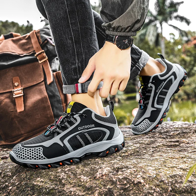 Tênis de caminhada antiderrapante leve para homens, marrom, respirável, trekking, caminhada, tênis ao ar livre, casual, tamanho grande 39-47