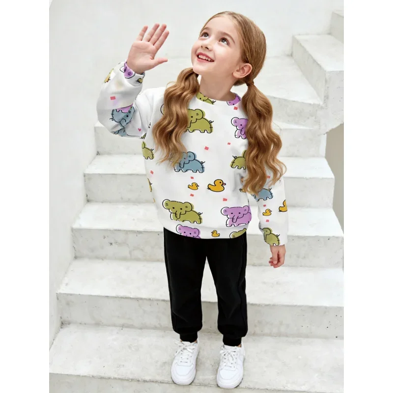 Girls' Adorable Long Sleeve Sweatshirt Cute Elephant & Duck Print Casual Top 2026