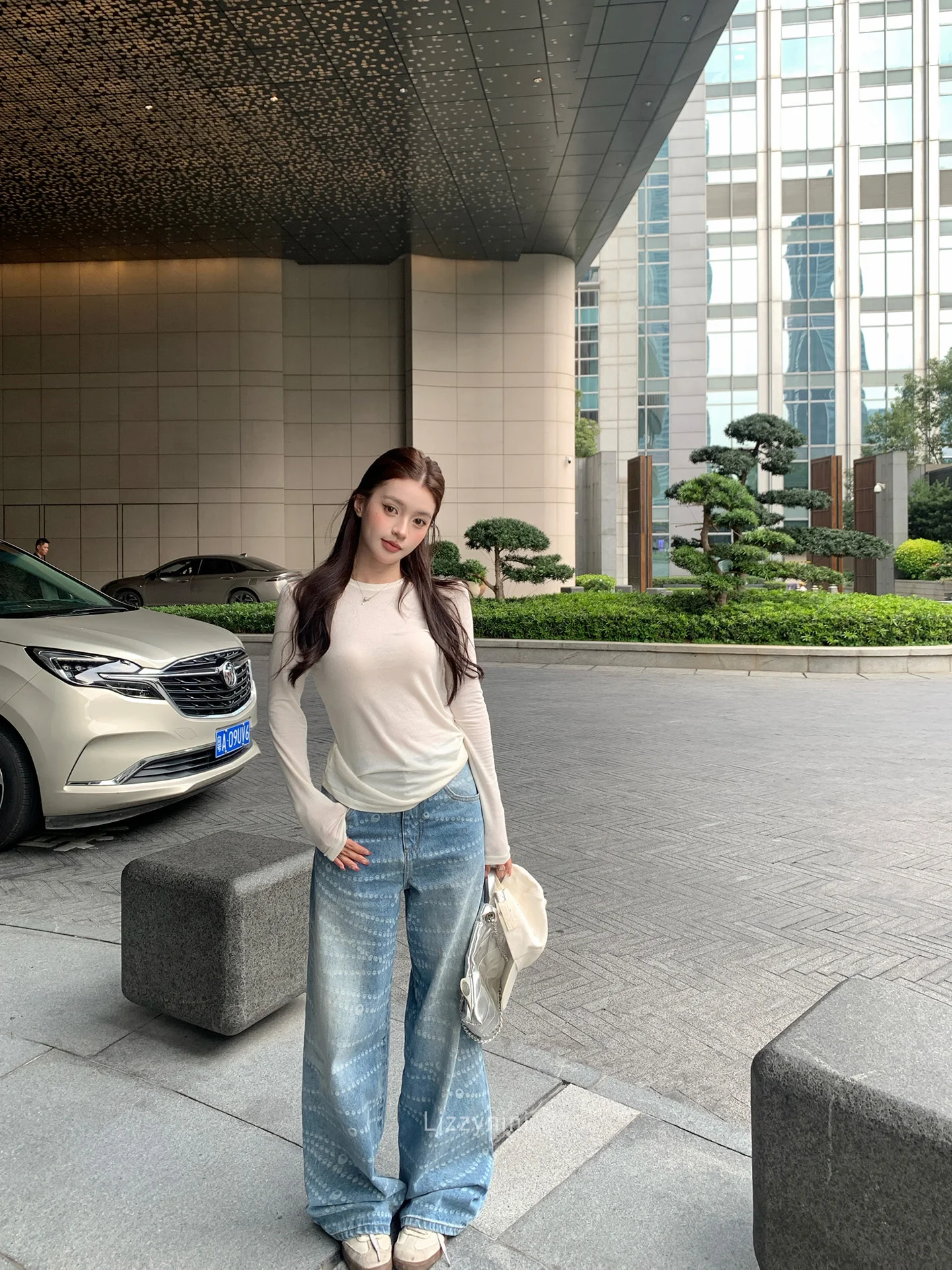 

Loose Women's Jeans Pearl Chain Print Spring Summer Medium Waist Straight Leg Wide Leg Pants Korean Style Natural Waist