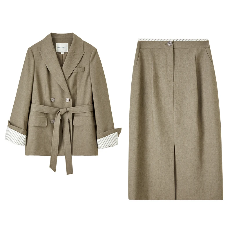 SENTUBILA Office Lady Elegant 2 Pieces Outfits Blazer Skirt Sets 2024 Spring Autumn Belted Tailored Coat Split Skirt 141Z53378