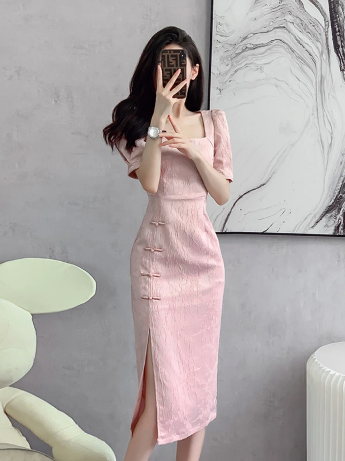 2023 Pink Summer Women Improved Cheongsam Mid Long Vintage Dress Chinese Style Slim Fashion Dresses Qipao S To XXL S2104