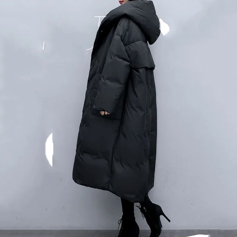 2024Winter New Women Down Jacket Fashion Loose Oversize Hooded Cotton Coat Long Black Back Split Parka Thick Warm Outwear Female