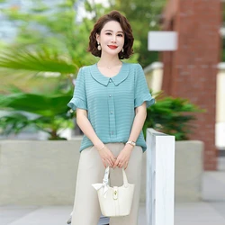 New Middle-Aged Women Summer Chiffon T-Shirt Solid Ruffle Short Sleeve O-Neck Loose Style  Fashion Tees Tops