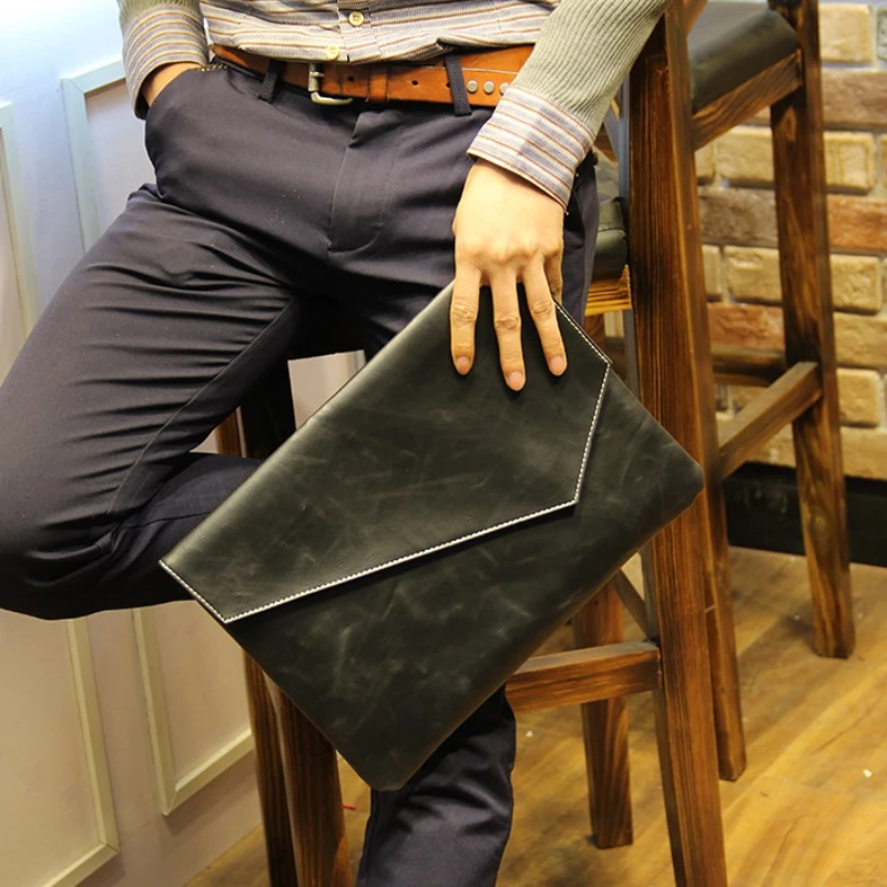 New Vintage Unisex Leather Handbags Envelope Clutch Bag Male Business A4 Portfolio Bag Men Leather Purse Briefcase