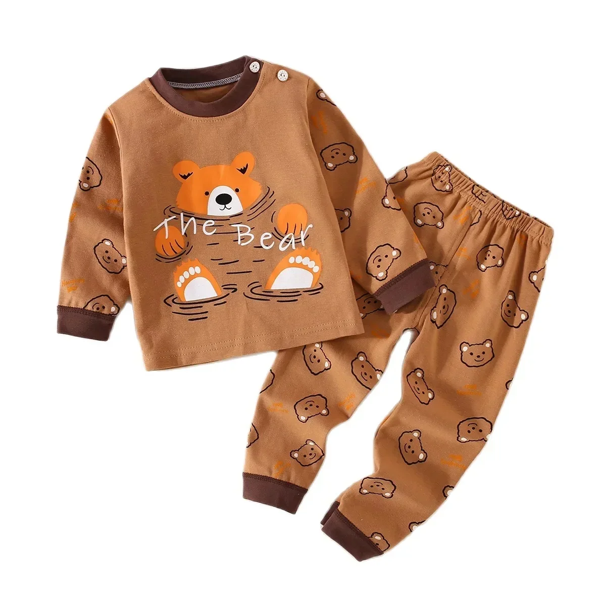 Baumwoll-Unterwäsche-Set für Kleinkinder Jungen mit Bären-Schriftmuster, Langarm-Oberteil und Hose, Schlafanzug-Set für Kinder – Detail 5