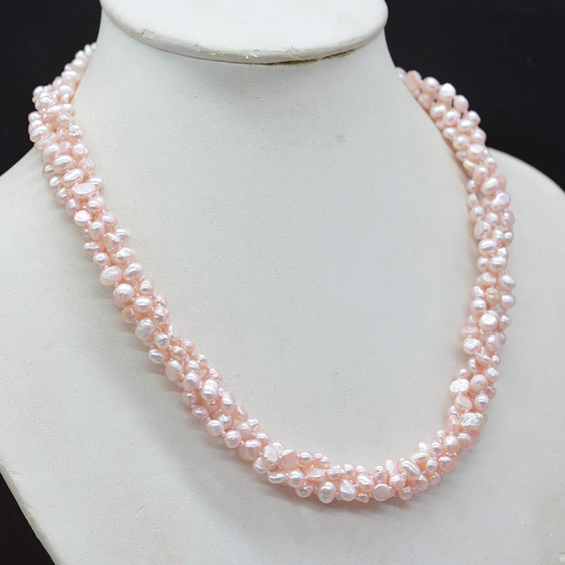Exquisite! 4 Rows 4MM (4A) Pink Natural Baroque Pearl Necklace  19