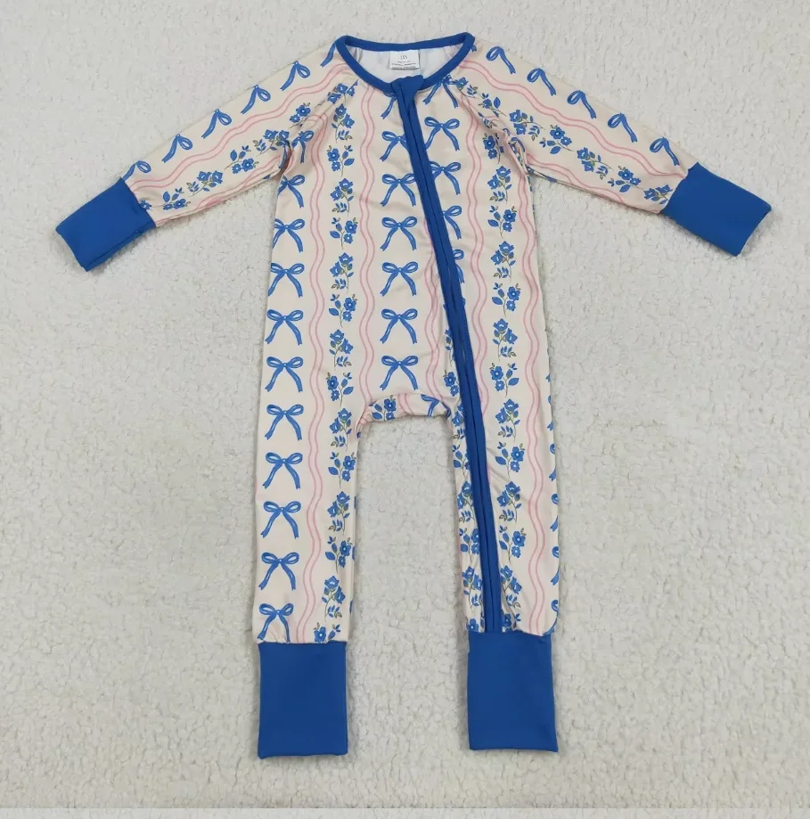 

Children Long Sleeves Girl Blue Bows Flower Zipper Romper Baby Kids Clothes