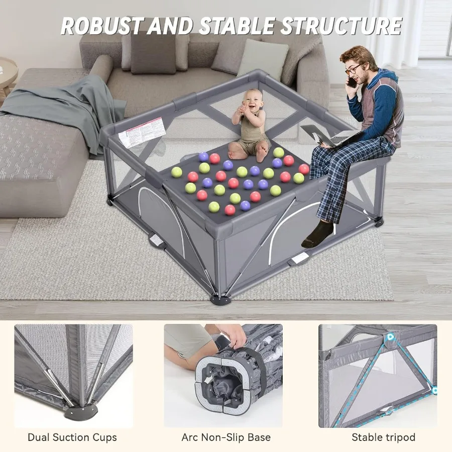 روضة أطفال قابلة للطي، قلم لعب كبير جدًا للأطفال الرضع والأطفال الصغار، ساحة لعب سياج الطفل، محمول آمن للأطفال (59 بوصة × 59 بوصة #4